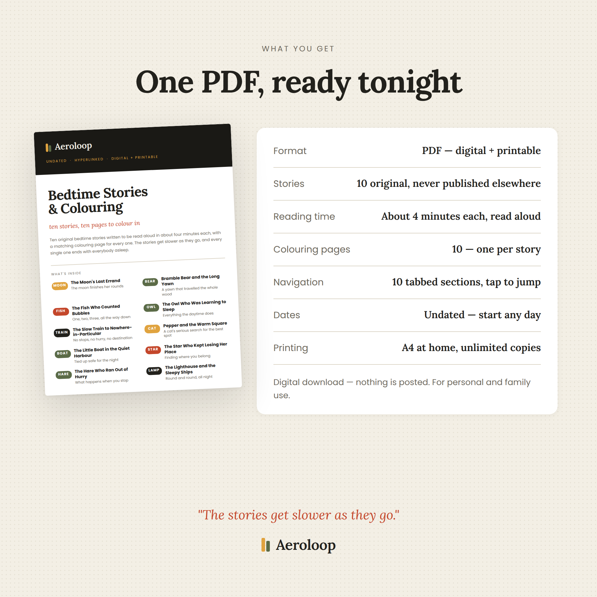 Inside pages of the Bedtime Stories PDF showing a story laid out for reading aloud
