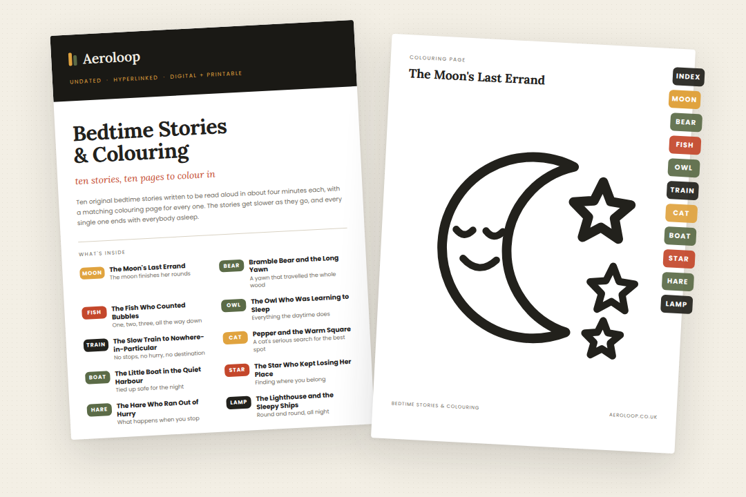 Bedtime Stories and Colouring Book PDF cover, ten original bedtime stories for children aged 3 to 8